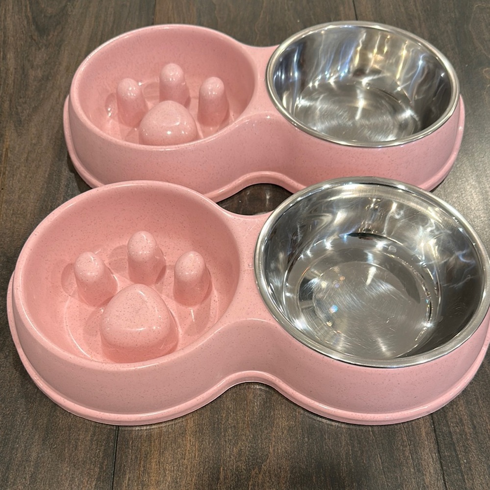 Cute Pink Double Pet Bowl with Paw Design